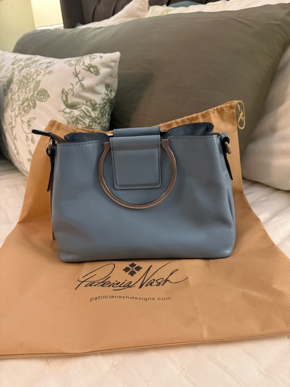 Patricia Nash Dusty Blue Leather Shoulder Bag with Ring Handle